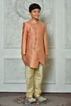 Petite Pomme_Peach Jacquard, Silk Embroidery Flora Pattern Sherwani And Churidar Set _at_Aza_Fashions