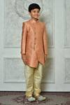 Petite Pomme_Peach Jacquard Embroidery Flora Pattern Overlap Sherwani _at_Aza_Fashions