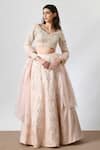 Salt and Spring_Pink Organza Embroidery Pearl V Neck Lehenga Set _Online_at_Aza_Fashions