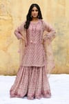 Label Niti Bothra_Pink Pure And Handwoven Banarasi Silk With Bemberg Printed Short Kurta Sharara Set_Online_at_Aza_Fashions