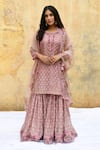 Shop_Label Niti Bothra_Pink Pure And Handwoven Banarasi Silk With Bemberg Printed Short Kurta Sharara Set_Online_at_Aza_Fashions