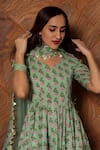 POMCHA JAIPUR_Green Print Floral V Neck Calico Anarkali Set _at_Aza_Fashions