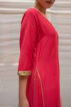 Shop_Priyanka Raajiv_Coral Cotton Silk Sequin Embroidery Round Ushna Straight Kurta And Pant _at_Aza_Fashions