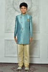 Petite Pomme_Blue Jacquard Embroidery Floret Pattern Sherwani _Online_at_Aza_Fashions