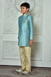 Shop_Petite Pomme_Blue Jacquard Embroidery Floret Pattern Sherwani _Online_at_Aza_Fashions