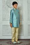Petite Pomme_Blue Jacquard Embroidery Floret Pattern Sherwani _at_Aza_Fashions