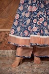Pomcha Jaipur_Blue Floral, Lace Round Neck Ambar Cotton Print Anarkali Set _Online_at_Aza_Fashions
