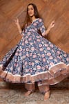 Shop_Pomcha Jaipur_Blue Floral, Lace Round Neck Ambar Cotton Print Anarkali Set _Online_at_Aza_Fashions