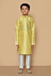 Shop_Aryavir Malhotra_Yellow Silk Printed Floral Kurta And Churidar Set _Online_at_Aza_Fashions