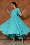 POMCHA JAIPUR_Blue Print Bandhani Round Neck Bandhej Cotton Anarkali Set _at_Aza_Fashions