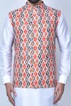 Shop_Arihant Rai Sinha_Orange Kurta And Pant Art Silk Printed Ikat Geometric Cotton Bundi & Set _Online_at_Aza_Fashions