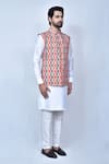 Shop_Arihant Rai Sinha_Orange Kurta And Pant Art Silk Printed Ikat Geometric Cotton Bundi & Set 