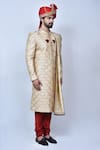 Shop_Arihant Rai Sinha_Beige Silk Blend Embroidery Thread Floral Sherwani Set _Online_at_Aza_Fashions