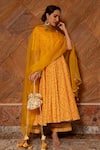 POMCHA JAIPUR_Yellow Print Bandhani Round Neck Bandhej Flared Anarkali Set _Online_at_Aza_Fashions