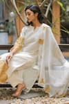 Shop_Vaani Beswal_Ivory Handwoven Malai Chanderi Applique Embroidered Esaa Kurta Trouser Set _Online