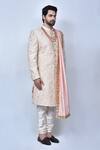 Shop_Arihant Rai Sinha_Peach , Satin Embroidery Floral And Paisley Sherwani Set _Online_at_Aza_Fashions