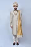 Buy_Arihant Rai Sinha_Beige Silk Blend Embroidery Thread Sherwani Set With Dupatta _Online_at_Aza_Fashions