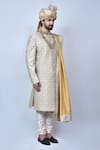 Shop_Arihant Rai Sinha_Beige Silk Blend Embroidery Thread Sherwani Set With Dupatta _Online_at_Aza_Fashions