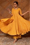 POMCHA JAIPUR_Yellow Print Bandhani Round Neck Bandhej Flared Anarkali Set _at_Aza_Fashions