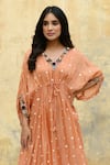 Label Niti Bothra_Peach Pure And Handwoven Banarasi Silk Embroidery Rosette V Neck 3d Motif Kaftan_Online_at_Aza_Fashions