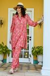 Karaj Jaipur_Red Muslin Floral Shirt Collar Pattern Tunic With Pant_Online_at_Aza_Fashions