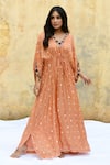 Shop_Label Niti Bothra_Peach Pure And Handwoven Banarasi Silk Embroidery Rosette V Neck 3d Motif Kaftan_Online_at_Aza_Fashions