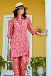 Shop_Karaj Jaipur_Red Muslin Floral Shirt Collar Pattern Tunic With Pant_Online_at_Aza_Fashions