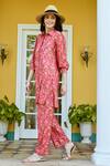 Karaj Jaipur_Red Muslin Floral Shirt Collar Pattern Tunic With Pant_at_Aza_Fashions