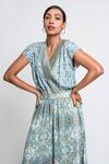 Anmol Kakad_Blue Georgette V-neck Geometric And Mosaic Pattern Jumpsuit_Online_at_Aza_Fashions