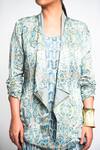 Anmol Kakad Blue Satin, Linen, Georgette Tassels Shawl Mosaic Pattern Jacket And Romper Set Online at Aza Fashions Anmol Kakad_Blue Satin, Linen, Georgette Tassels Shawl Mosaic Pattern Jacket And Romper Set_Online_at_Aza_Fashions