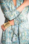 Shop Anmol Kakad Blue Satin, Linen, Georgette Tassels Shawl Mosaic Pattern Jacket And Romper Set Online at Aza Fashions Shop_Anmol Kakad_Blue Satin, Linen, Georgette Tassels Shawl Mosaic Pattern Jacket And Romper Set_Online_at_Aza_Fashions