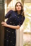 Vaani Beswal_Blue Handwoven Cotton Embroidered Thread Collared Neck Zara Midi Dress _at_Aza_Fashions