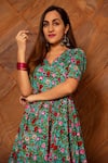 Buy_POMCHA JAIPUR_Green Anarkali And Pant: Cotton Printed Floral Surangi Half Sleeve Set For Women_Online_at_Aza_Fashions
