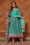 Pomcha Jaipur_Green Anarkali And Pant Cotton, Dupatta Organza Floral, Gota Saanchi Print Set _Online_at_Aza_Fashions