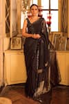 Shop_Priyanka Raajiv_Black Silk Patch Work And Hand Embroidered Dharmini Saree With Blouse  _Online_at_Aza_Fashions