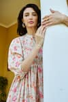 KARAJ JAIPUR_Cream Muslin Printed Floral Mandarin Collar Tiered Dress For Women_at_Aza_Fashions
