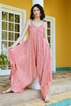 KARAJ JAIPUR_Pink Muslin Printed Abstract V Neck Draped Jumpsuit_Online_at_Aza_Fashions