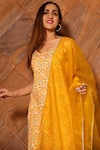 POMCHA JAIPUR_Yellow Kurta And Pant Cotton Printed Floral Round Ruhani Neck Set _Online_at_Aza_Fashions