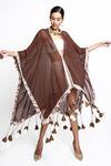 Anmol Kakad_Brown Cotton, Silk Tassels V-neck Sheer Hem Cover Up_Online_at_Aza_Fashions