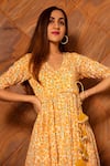 POMCHA JAIPUR_Yellow Anarkali And Pant Cotton Printed Leaf V Neck Suraiya Set _Online_at_Aza_Fashions