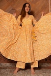 Buy_POMCHA JAIPUR_Yellow Anarkali And Pant Cotton Printed Leaf V Neck Suraiya Set _Online_at_Aza_Fashions