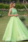 House Of Mithi Kalra_Green Tulle Sequins, Embroidery Round Neck Bodice Gown _Online_at_Aza_Fashions