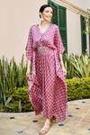 Buy_Karaj Jaipur_Pink Gazi Silk And Embroidery Floral V Neck Kaftan_Online_at_Aza_Fashions