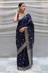 Buy_Priyanka Raajiv_Blue Chanderi Silk Lotus Pattern And Stripe Border Devi Saree _Online_at_Aza_Fashions