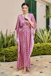 Shop_Karaj Jaipur_Pink Gazi Silk And Embroidery Floral V Neck Kaftan_Online_at_Aza_Fashions