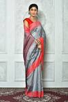 Buy_Samyukta Singhania_Grey Cotton Floral And Chevron Pattern Saree_Online_at_Aza_Fashions