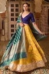 Shop_Priyanka Raajiv_Yellow Silk Woven Brocade Chevron V Neck Hema Patch Work Lehenga Set _Online_at_Aza_Fashions