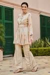 Karaj Jaipur_Cream Muslin Floral And Polka Dot Round & Pattern Top With Pant_Online_at_Aza_Fashions