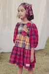 Bagichi_Red Cotton Flannel Check Floral Gisele Puff Sleeve Dress  _Online_at_Aza_Fashions