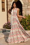Shop_Palak & Mehak_Multi Color Crepe, Cotton Embroidery Halter Floral Print Anarakali With Pant _Online_at_Aza_Fashions